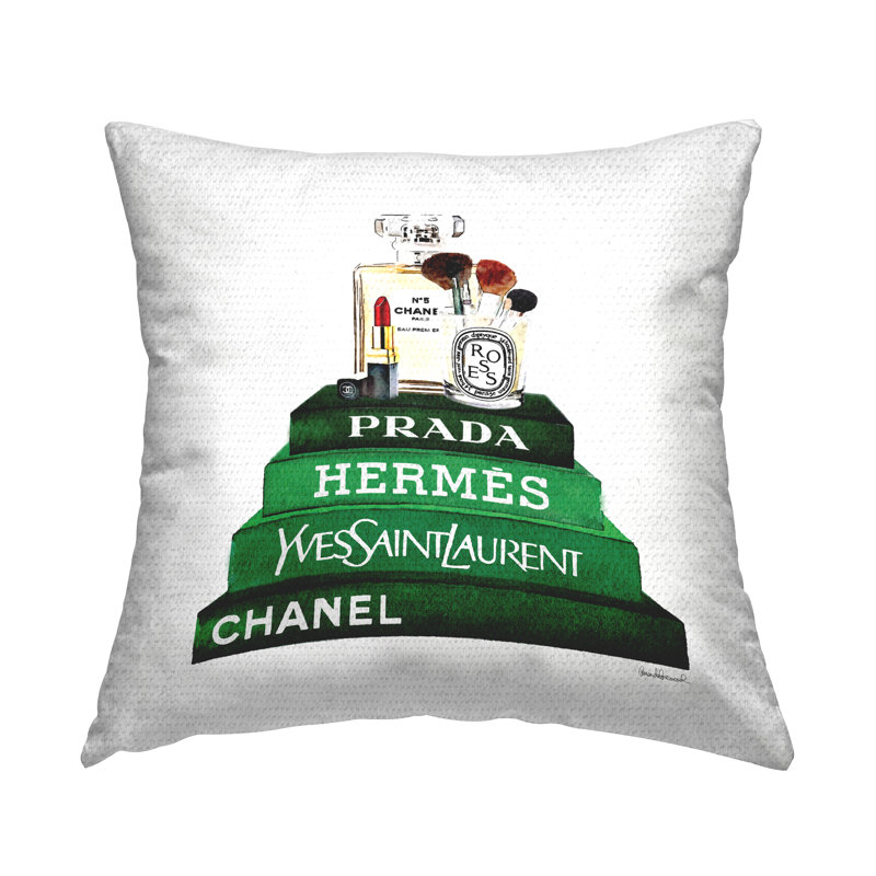 Makeup Cosmetics Atop Glam Brand Bookstack Outdoor Printed Pillow by Amanda Greenwood