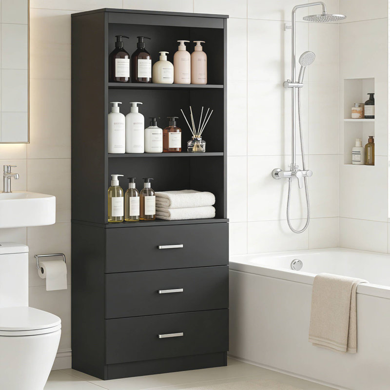 Armoire de salle de bain autoportante 70,9 po avec 3 tiroirs, Noir