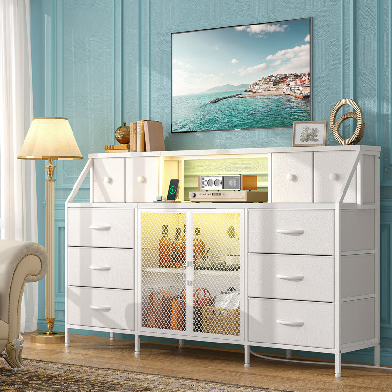 55"W 10 Drawer Dresser For Bedroom With Mesh Door, Led Light & Power Outlets, White