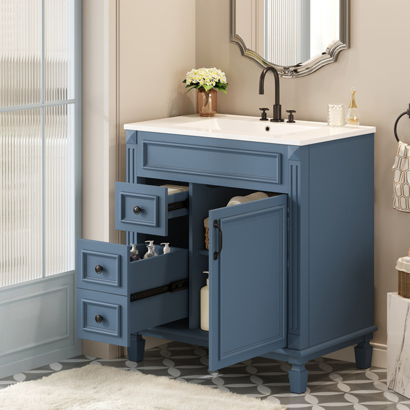 Meuble-lavabo compact avec lavabo en céramique 2 tiroirs et tablette réglable pour petits espaces, Bleu