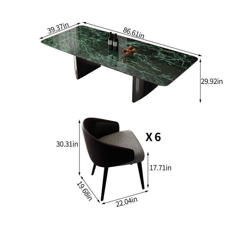 Modern luxury rectangular marble dining table set, 29.92"H x 86.61"L x 39.37"W