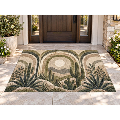 5' x 7' Outdoor Area Rug Desert Sun Moon Celestial Heavyweight Solid Waterproof PVC Coil Loop Carpet, Heavy Duty Patio Rug, Quick Dry Indoor Outdoor Mat for Large Doormat Porch Deck Entryway