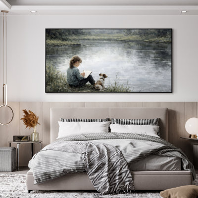 Très grand art mural imprimé sur toile - Garçon et chien, scène de lac rétro, décor de chambre à coucher - "Assemblage requis (cadre non fini)"