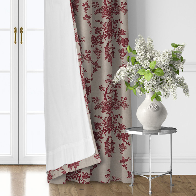 Country Lane Toile Crimson Cotton Pinch Pleat Drapery Panel Set of 2, 20" W x 120" L