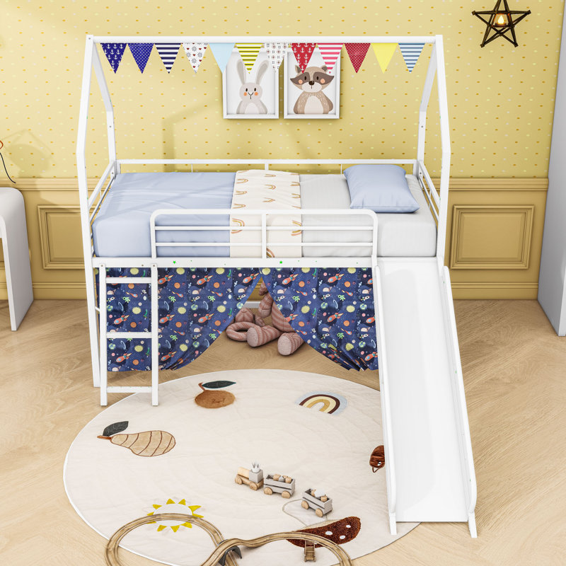 Twin Metal House Loft Bed With Slide And Ladder, White/Blue