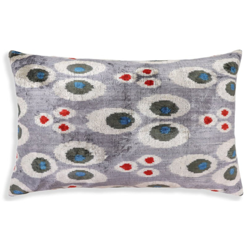 Luxury Grey Velvet Pillow 16X24 – Handmade Silk Lumbar Cushion With Modern Circle Motifs