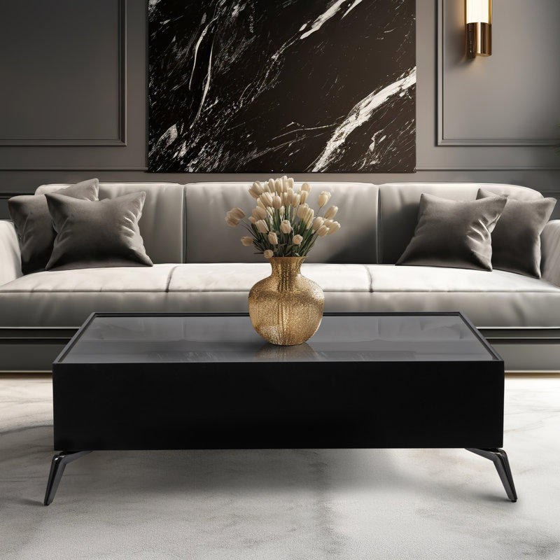 Corrigan Studio® Chic Glass-Top Coffee Table, Elegant Black Finish With Black Legs, 47X16 Inches For Modern Living Spaces