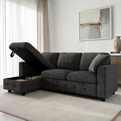 Chenille L-Shaped Sectional Sofa with 1 Storage Chaise Lounges, 2 Square Cushions