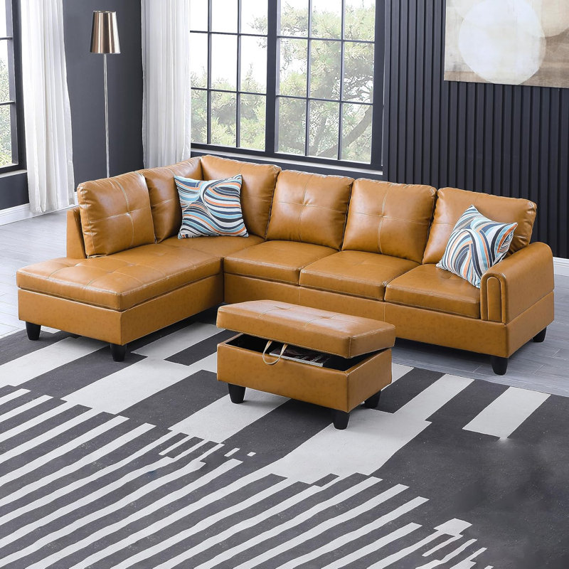 Jayzen 3 - Piece Vegan Sectional, Left Hand Facing, Black, Ginger Brown Leather
