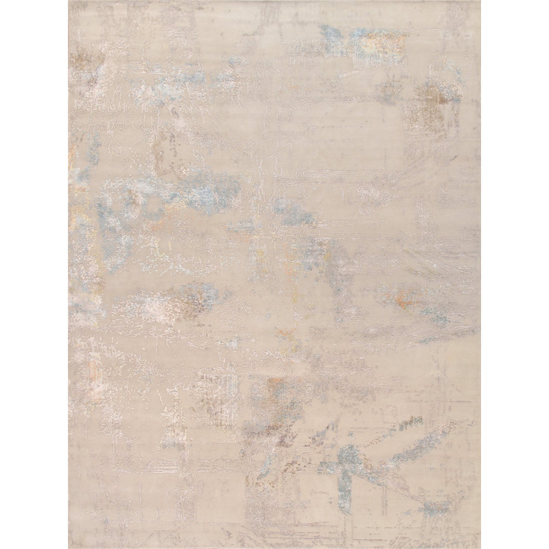 Tapis beige / bleu en laine / soie à motif abstrait Abstract, Rectangle 9' x 12'