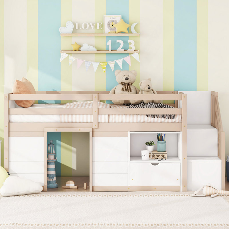 Wood Twin Size Low Loft Bed With Stair, Drawer, And Shelf
