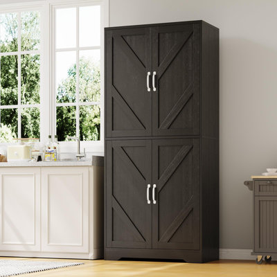 Armoire de cuisine haute de 178 cm (70 po), style ferme, avec portes coulissantes et étagères réglables, en bois, idéale pour la cuisine, la salle à manger, le salon ou le garage. Couleur : noir.