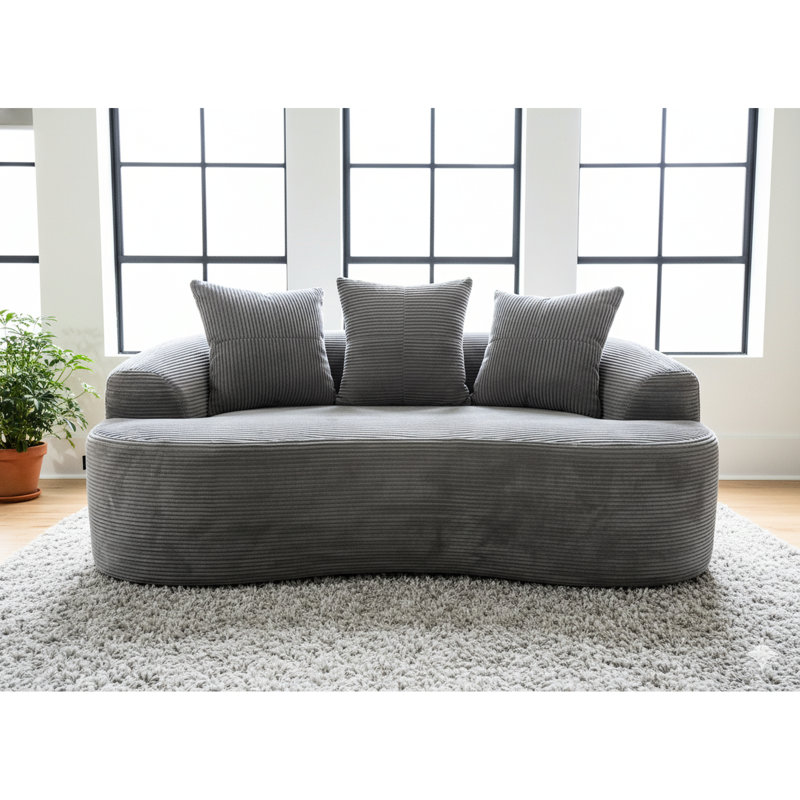Canapé incurvé de 164 cm avec coussins à ressorts ensachés, velours côtelé gris, 3 coussins décoratifs, compact pour les petites pièces, aucun assemblage requis, velours côtelé, option d'assise compacte, nécessaire