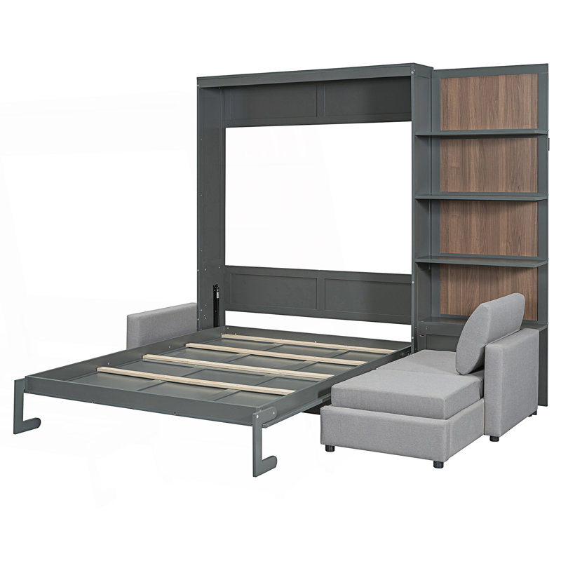 Grand lit escamotable, lit escamotable avec canapé et tablettes, Gris