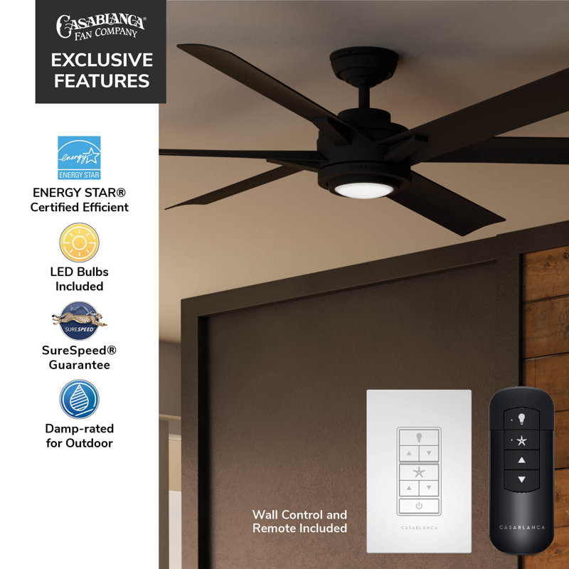 Casablanca 65 inch Melia ENERGY STAR®  Damp Rated Ceiling Fan with Lights and Wall Control, Matte Black