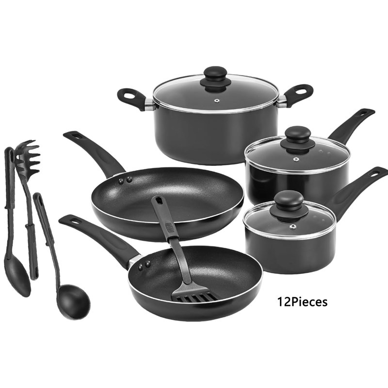 Black 12-Piece Nonstick Aluminum Cookware Set with Utensils