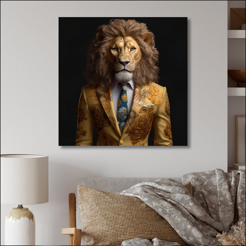 Lion jaune en costume - art mural mode lion, H 16 po x l 16 po x P 1 po, Toile tendue