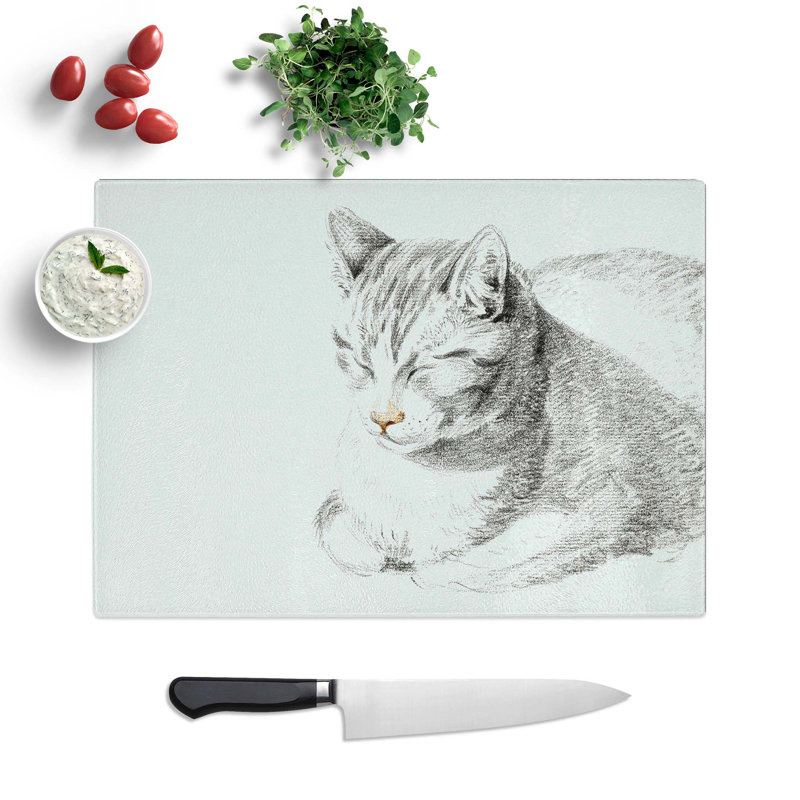 Tempered Glass Cat at Peace Chopping Board, 39 cm W x 28.5 cm L