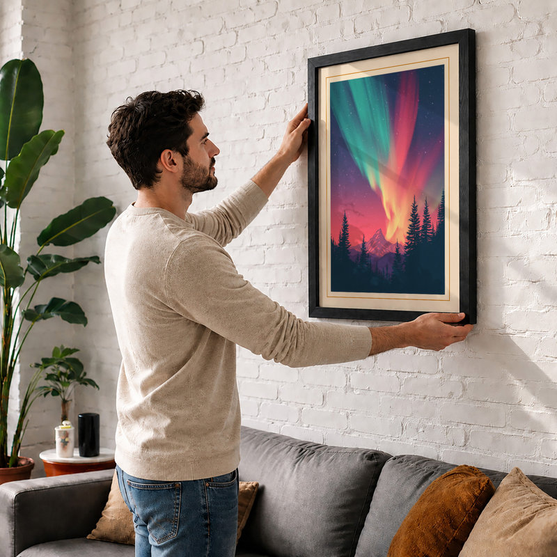 Aurora Over Silent Forest Scandinavian - Framed Print, A2 - 59.4 x 42.0 cm, Walnut
