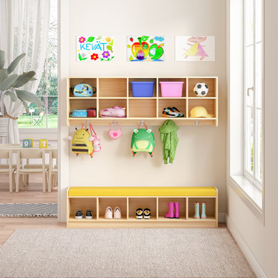 Wall-Mounted Classroom Storage Cabinet with Bench, Compartment Storage Cabinet with Storage Seat