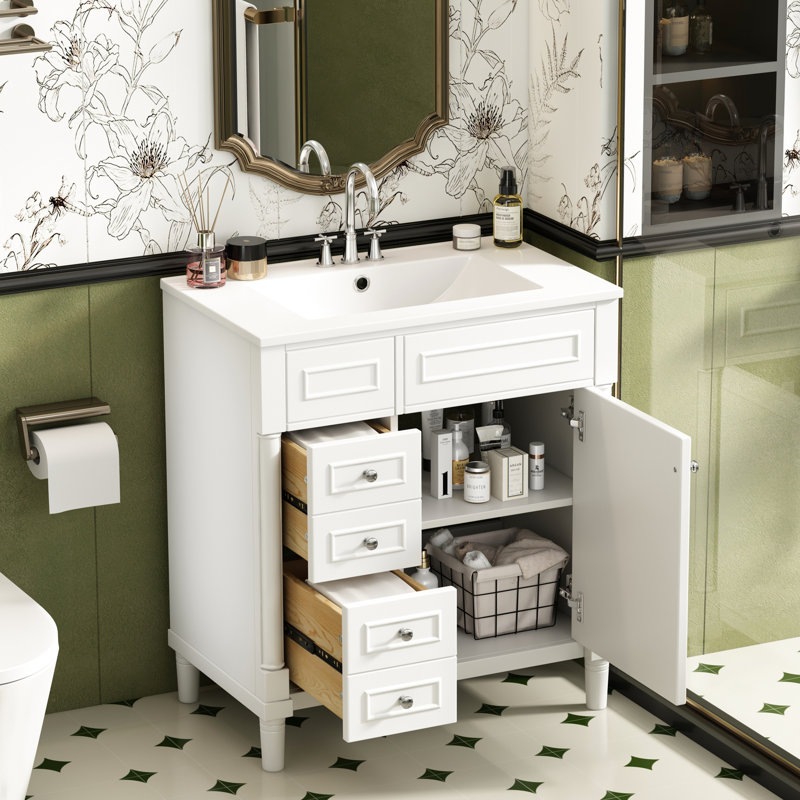 Meuble-lavabo de 30 pouces avec lavabo, 2 tiroirs et porte - Conception fonctionnelle, construction en bois massif, rails de tiroir lisses, lavabo, espace de rangement autoportant de style moderne 30 po, pieds, fonctionnement,