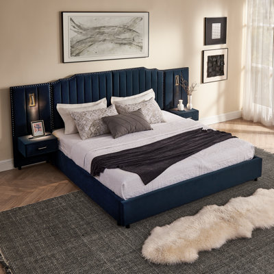 Lit plateforme tapissier très grand de qualité supérieure, conception moderne en velours, bleu foncé