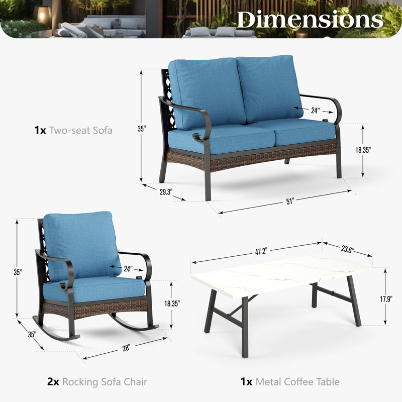 4-Person Patio Furniture Set With Rocking Lounge Chairs, Denim Blue
