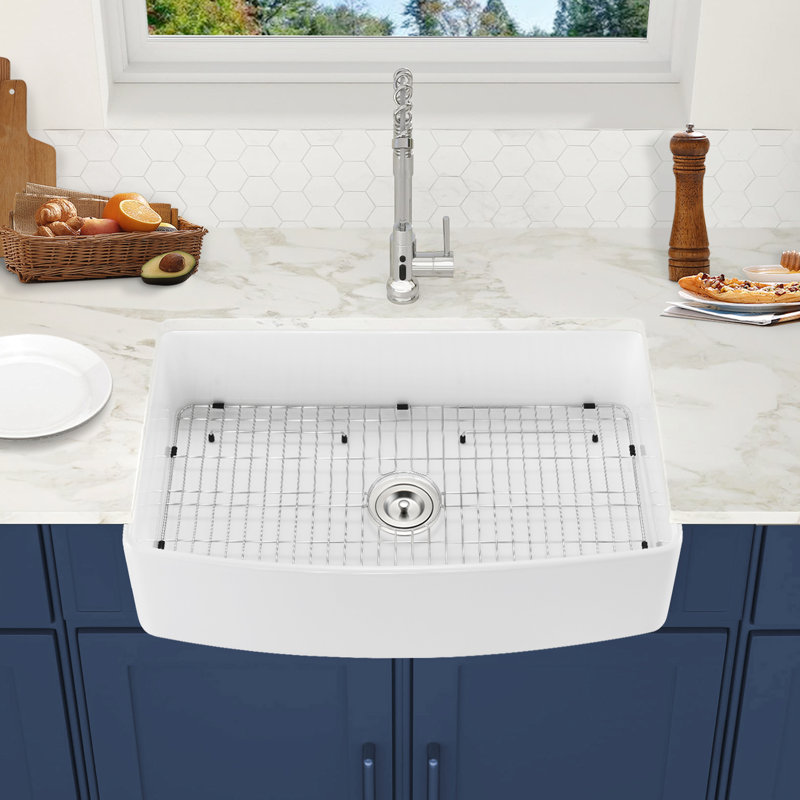 Évier 33 po x 20 po - blanc, tablier avant, chaleur, égratignure anti-taches, rouille, simple à conserver propre, bord arqué de cuisine 33 po x 20 po, minimisant, rapide