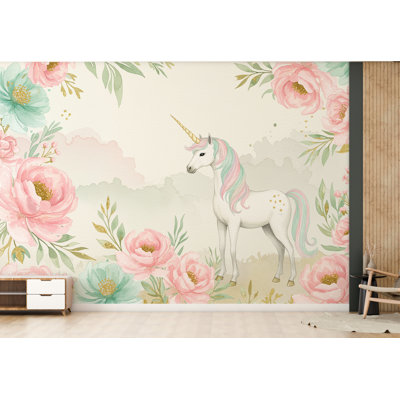 Aquarelle de fleur de licorne, impression murale, papier peint autocollant, pépinière et adhésif