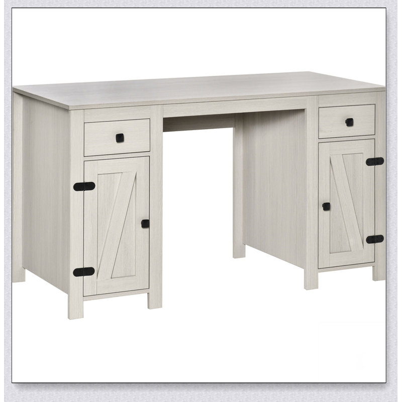 Farmhouse Computer Desk with Storage, Desk with 2 Drawers and 2 Cabinets, Cream White