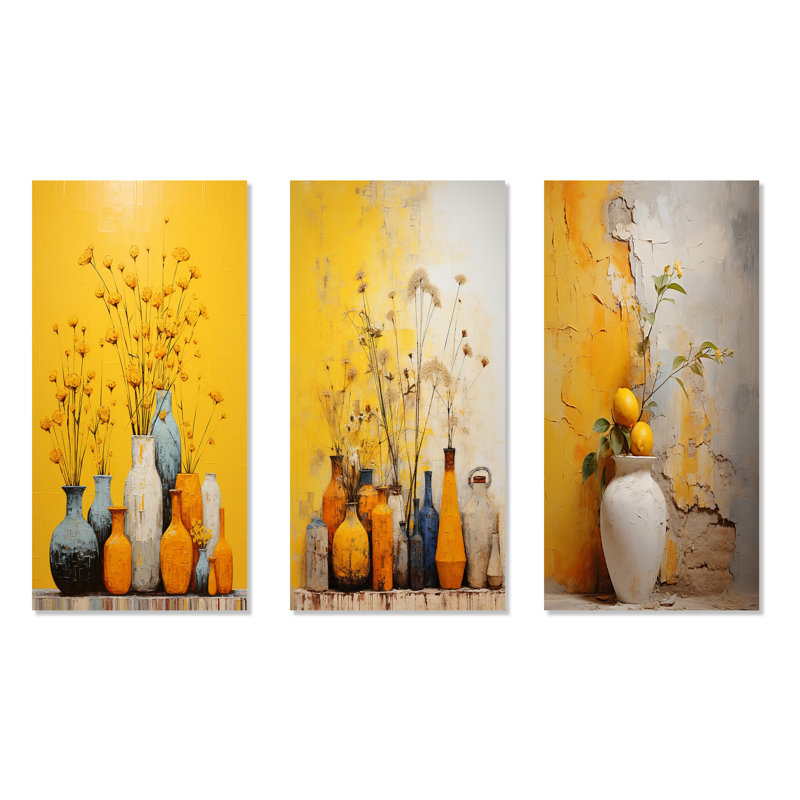 Art mural abstrait sur toile, poterie jaune minimaliste - poteries jaunes minimalistes, H 28 po x l 36 po, Toile tendue