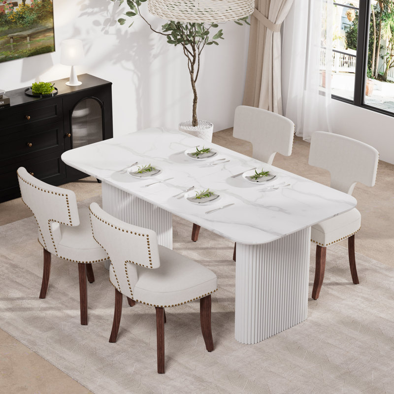 Ensemble de salle à manger rectangulaire en bois avec chaise rembourrée, 5, Beige