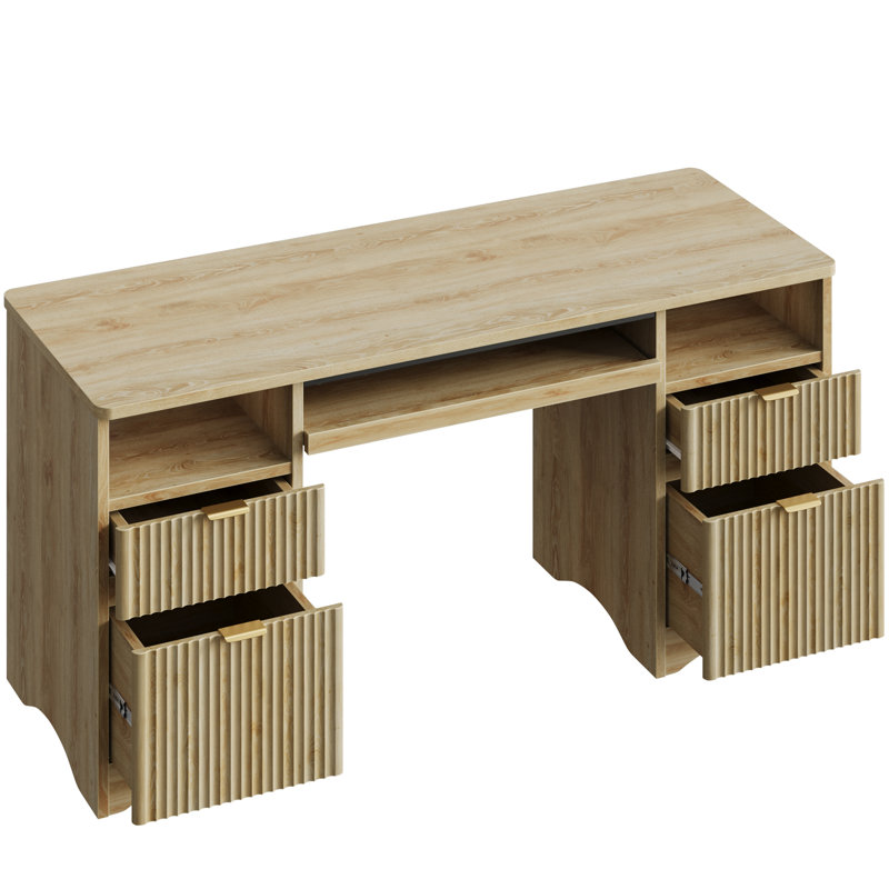 Luing 59''Fluted Executive Desks with File and Storage Drawers , Computer Writing Desk with Keyboard Tray, Home Office Desks with Cable Management and 2 Open Compartments