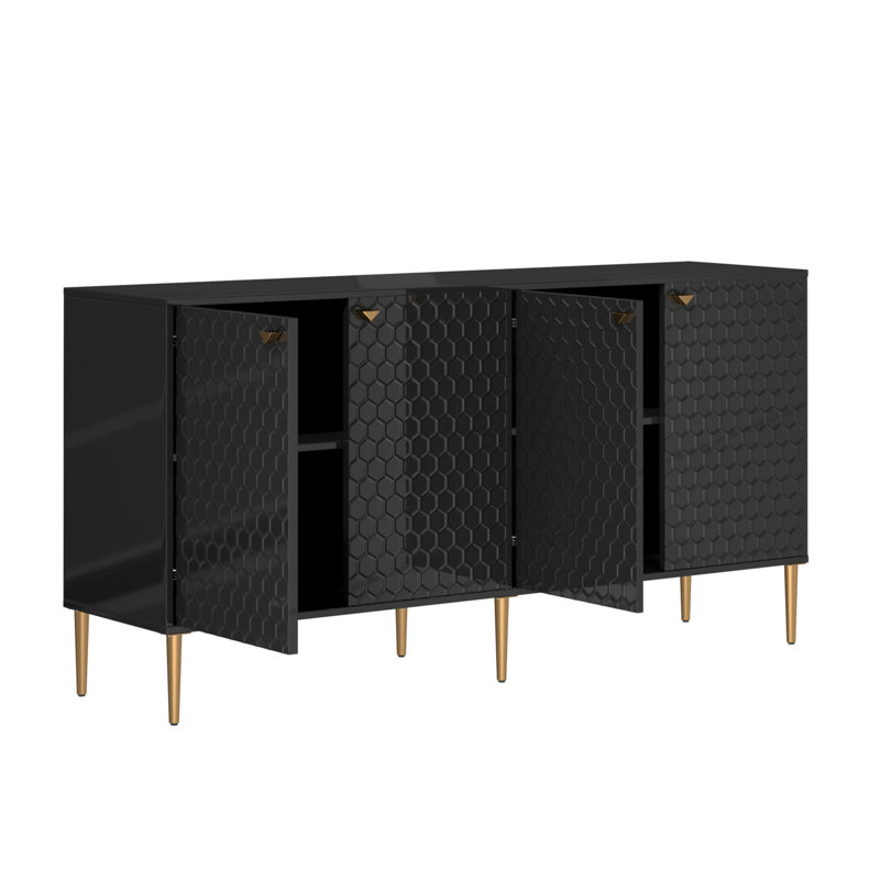Kuo 64" Wide Sideboard With 4 Door High Gloss Cabinets, Black/Gold
