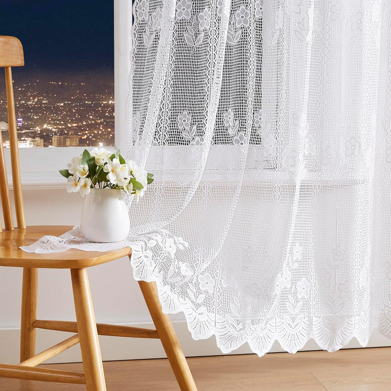 Rideaux en dentelle transparente à motifs floraux au crochet, blancs, Blanc, L 54 po x L 96 po