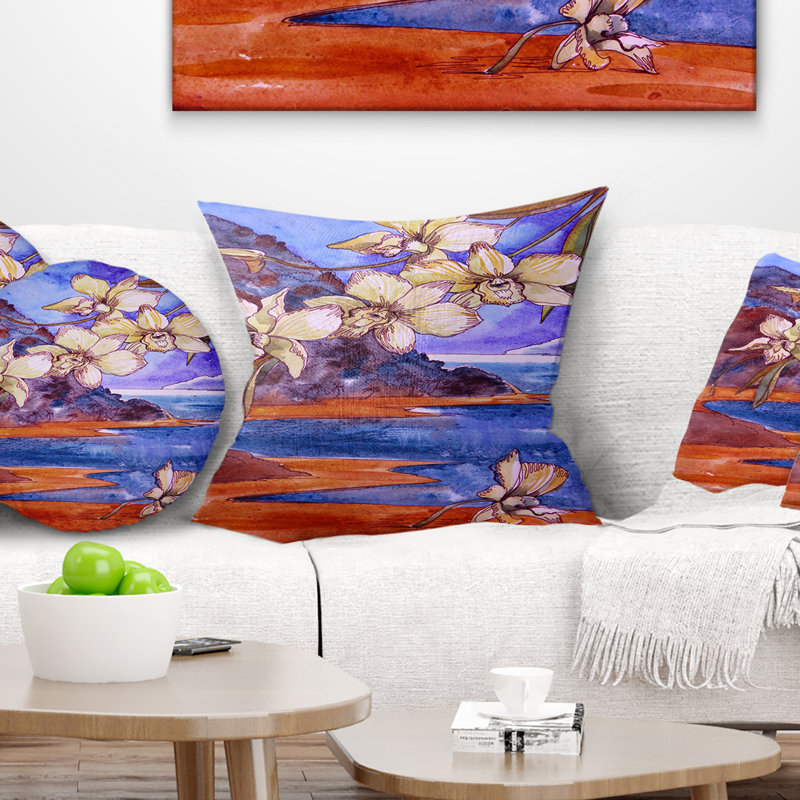 Orchidée blanche et mer - coussin à imprimé floral, 16 po x 1 po, Coussin décoratif
