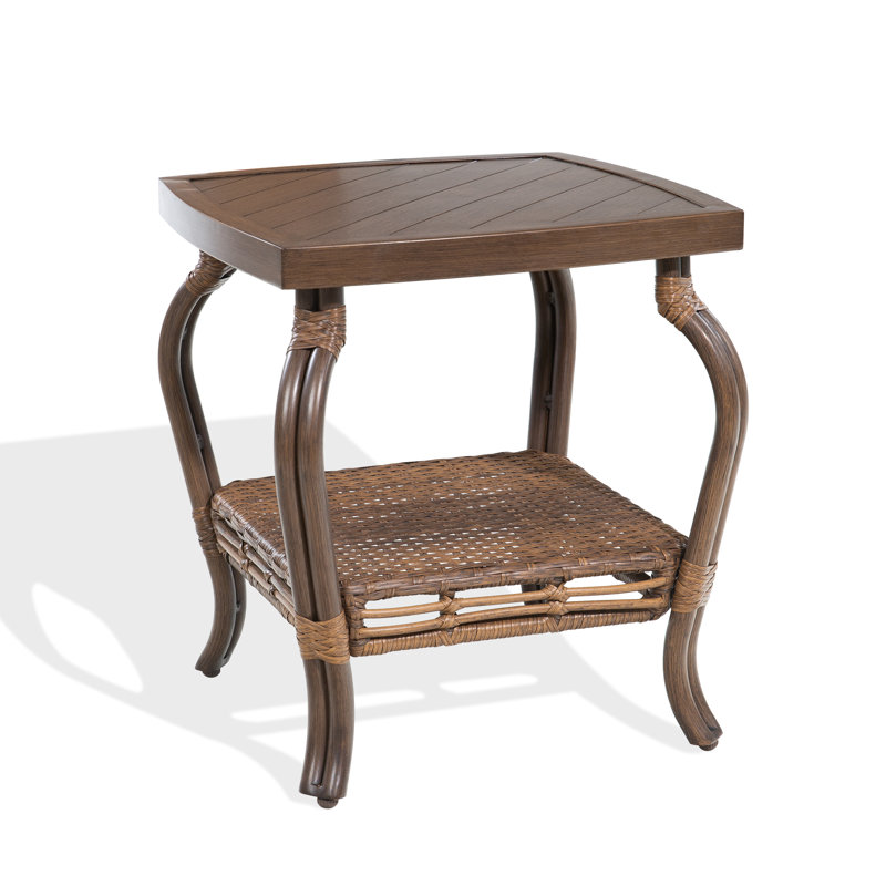 Table d'appoint en aluminium à 2 niveaux avec tablette de rangement en rotin Pe, Brun