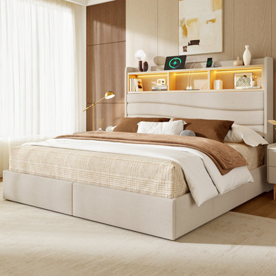 King Size Upholstered Bed With 6 Storage Drawers & Headboard, Beige