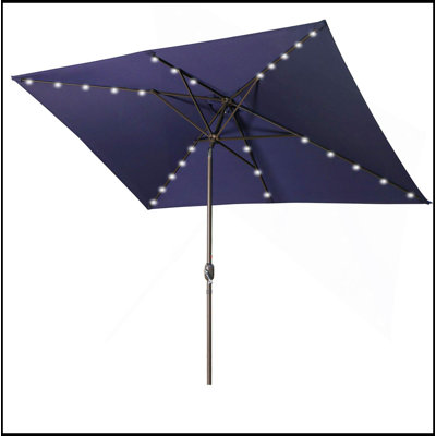 Versatile Waterproof Rectangular Patio Umbrella And Solar Lights 6.5 Ft. X 10 Ft. , 26 LED Lights, Push Button Tilt, Crank In NAVY BLUE
