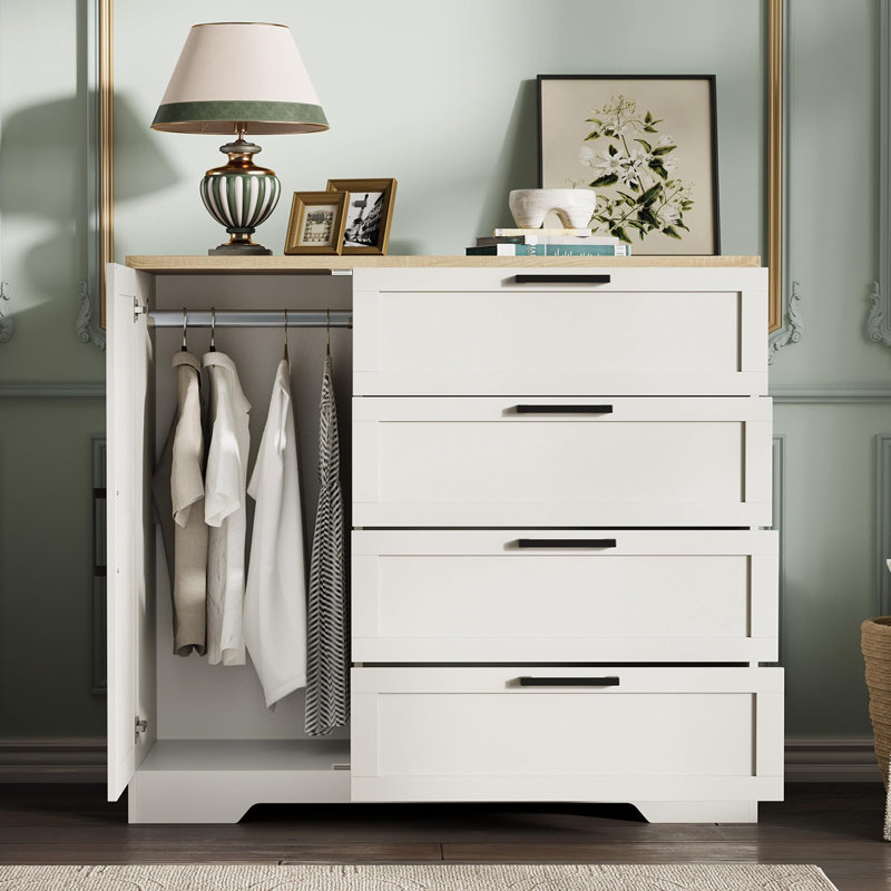 Armoire garde-robe en bois avec 4 tiroirs et tringle en bois, Blanc
