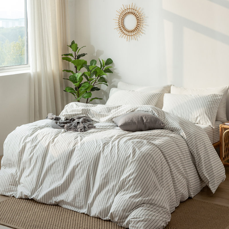 Ensemble de housse de couette à rayures 100% coton lavé MooMee, Larges rayures - blanc / gris foncé