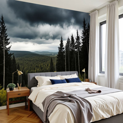 Papier peint adhésif peler et coller forêt de conifères dense, ciel orageux dramatique jaune au premier plan, papier peint amovible en PVC, H 100 po x l 144 po, pour chambre à coucher, bureau à domicile, bureau à domicile
