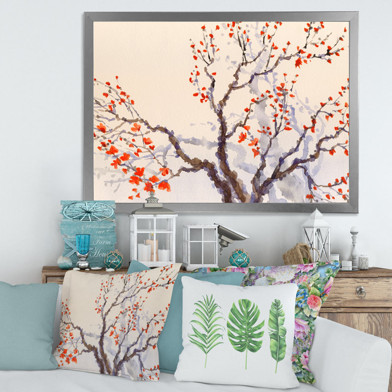 «Red Flowers and Buds on the Spring Blossoming Tree», peinture sur toile encadrée, H 24 po x l 32 po x P 1 po