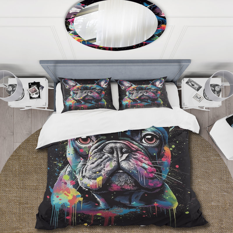 «Black Blue Paints Platter Bulldog Portrait» - Ensemble de housse de couette animaux - Microfibre de polyester