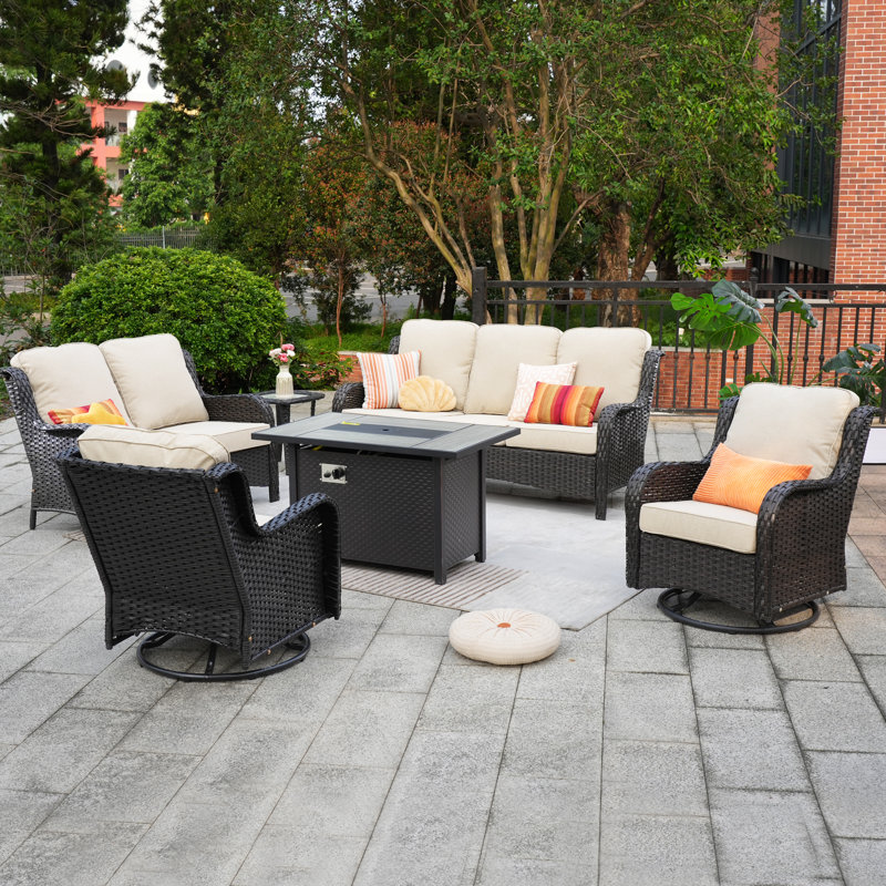 7 - Person Outdoor Seating Group With Cushions And Fire Pit, Beige