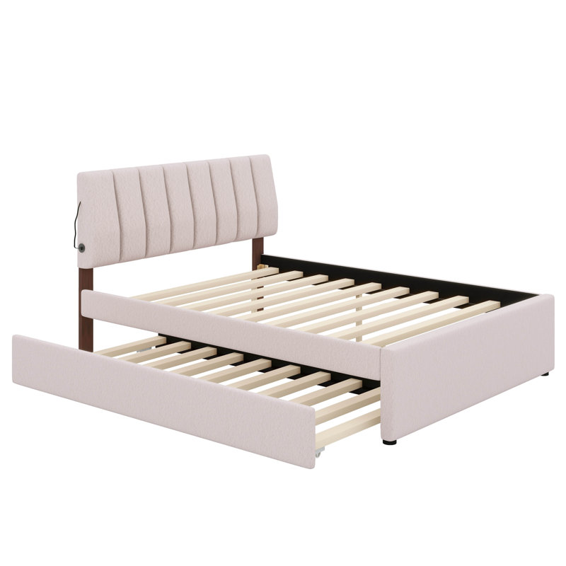 Lit plateforme tapissier Teddy, Beige, Double