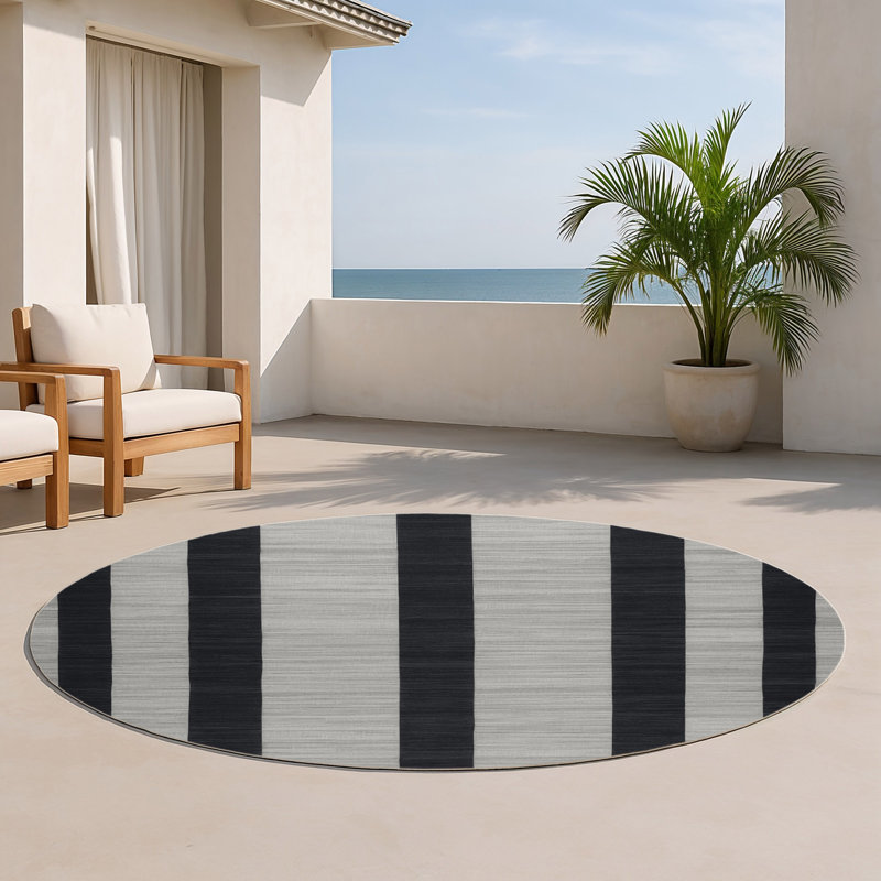 Tapis intérieur / extérieur gris HorizontalStripes, Rond 5 pi