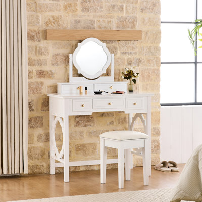 Space - Saving White Dressing Table With Four Leaf Reversible Mirror, Golden Round Handles, 5 Drawers For Beauty Essentials, Comfortable Seating And Stool , Mirror Flawless Makeup, Cosmetics