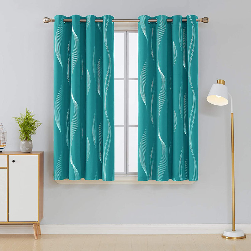 Prewett Super Soft Eyelet Room Darkening Thermal Curtains, Turquoise Wave Line, Width 132 x Drop 214cm