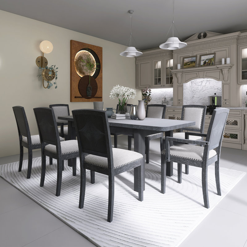 Ensemble de table de salle à manger extensible rustique de 84 pouces avec rallonge amovible de 24 pouces, 6 chaises de salle à manger rembourrées sans accoudoirs et 2 chaises rembourrées, 9 pièces, noir